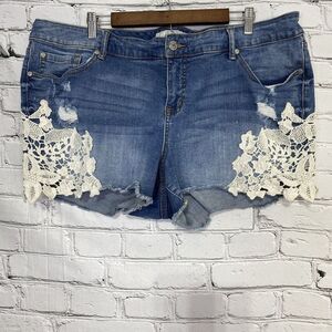 Torrid Blue Jean Shorts with White Lace Accents